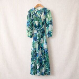 AUTRES FILLES Sheer Tropical Maxi Dress Duster Green Blue Belted S